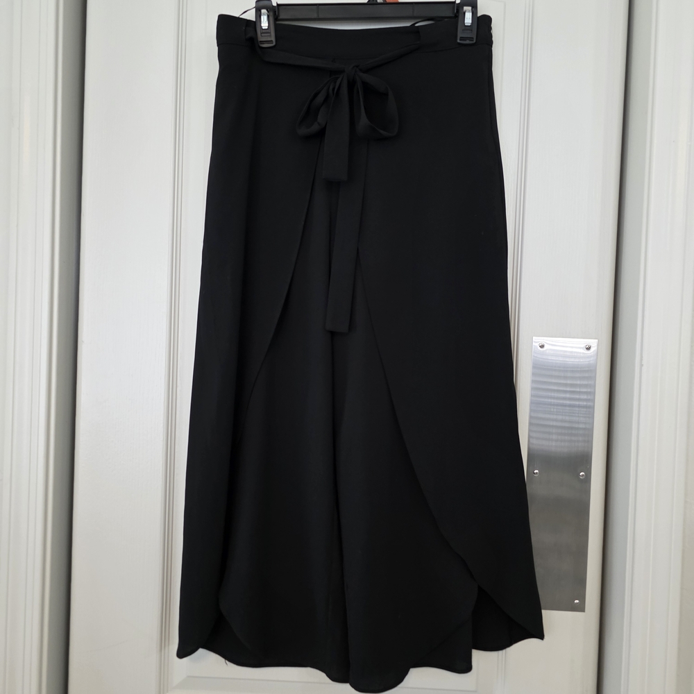 Black Wide-Leg Wrap Skirt-Pant with Tie Waist